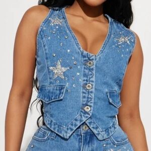 Fashion Nova Star Embellished Denim Vest | Size XS